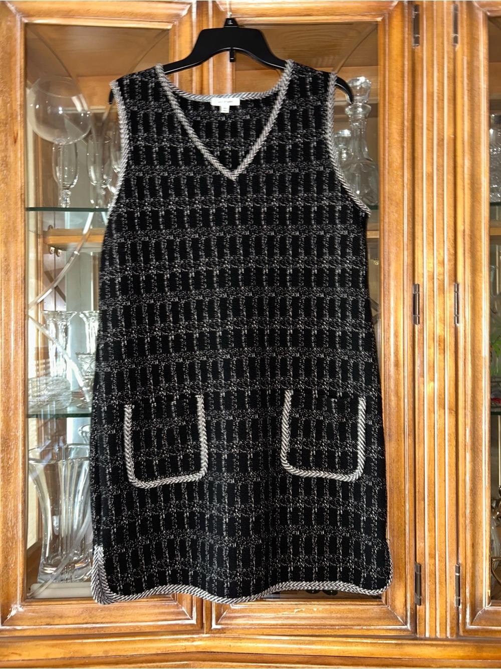 Max Studio Black Tweed Sleeveless Shift Dress with Silver Trim Accents